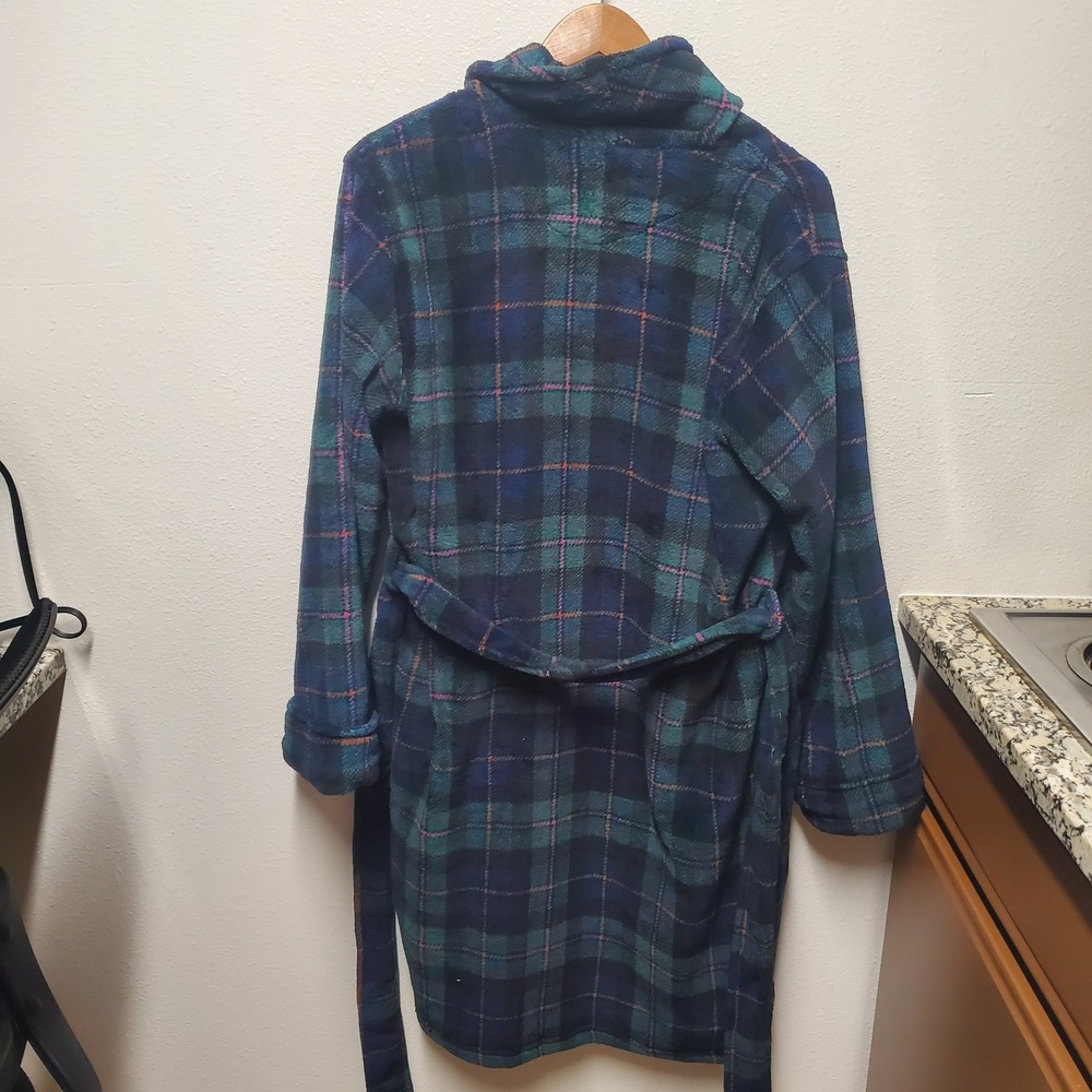 Lauren Ralph Lauren Womens Large Plush Fleece Robe Long Sleeve Plaid Blue Green - Picture 6 of 8
